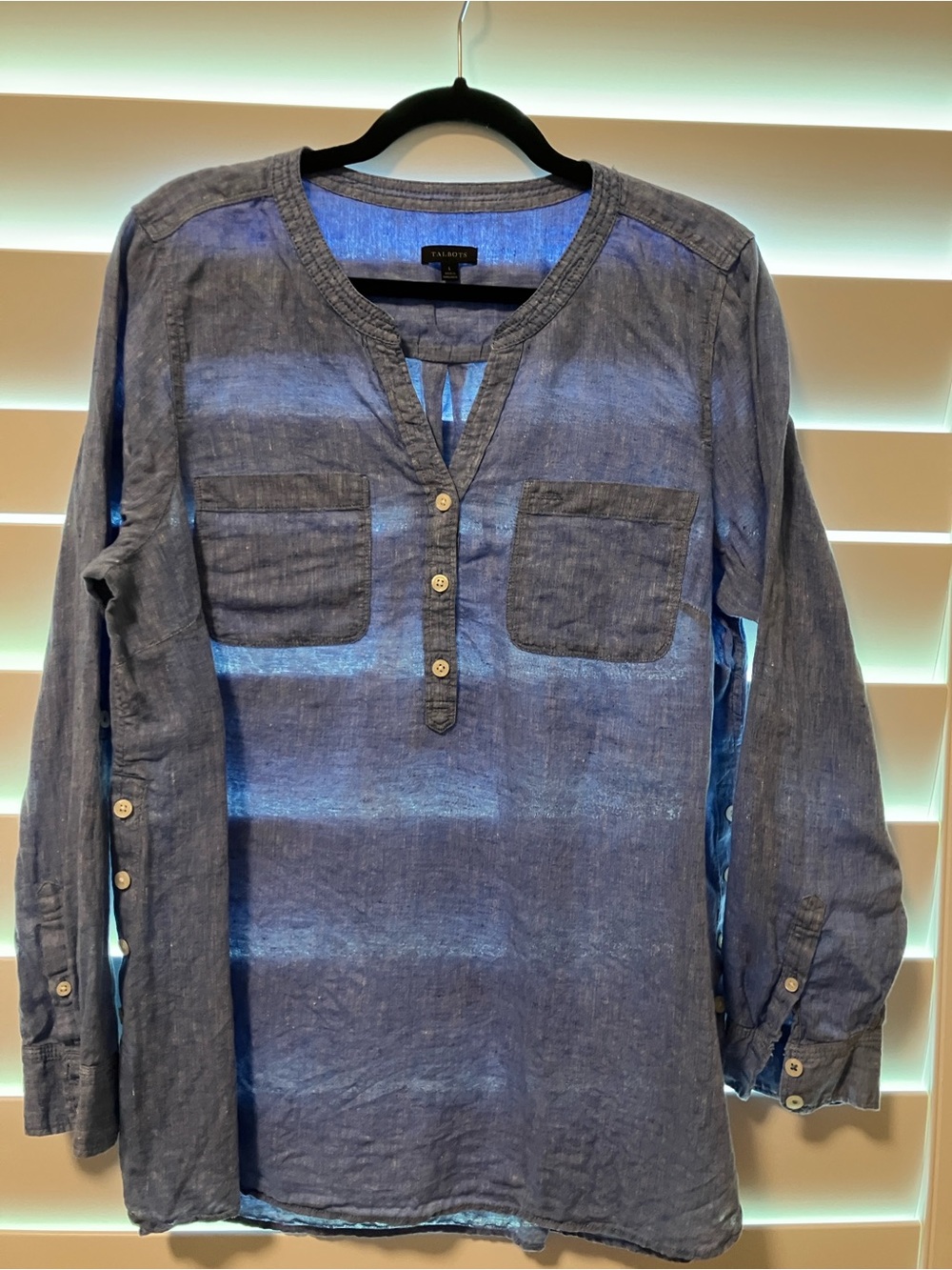 Talbots Blue Linen Henley Tunic with Patch Pockets